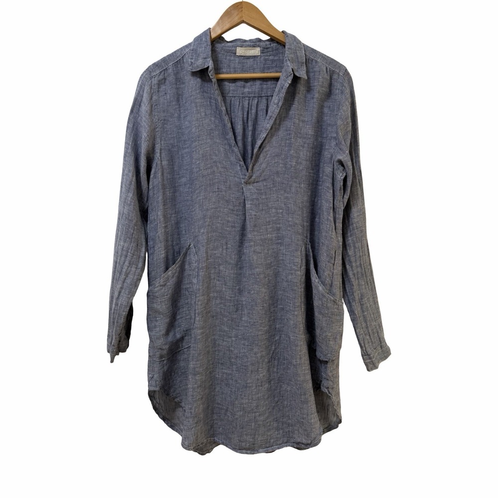 CP Shades Linen Long Sleeve Popover Tunic Top Size XS Blue Beach Coastal Vacay